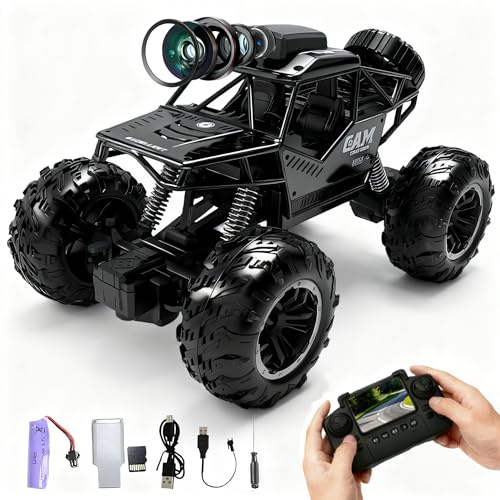 HUAJUN 2.4G RC Car with Camera, 4WD Off-Road Monster Truck, 4CH Remote Control Vehicle with Dual USB Charging Cables, Real-Time Video Photo Recording, 3.7V Battery, 40M Range, Gift for Kids & Adults