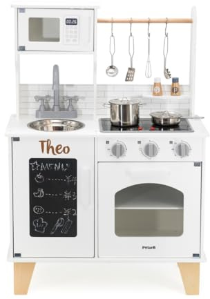 Cocina infantil de madera personalizable – Cocina de juguete con luz y sonido – Cocina infantil con accesorios de cocina – Regalo 1 cumpleaños – Blanco