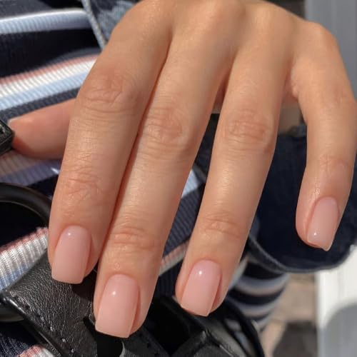 Nude Press On Nails – 24Pcs Short Square False Nails - Nude Fake Nails with Glue - Full Cover Acrylic Stick On Nails for Women - Natural Looking & Easy to Apply & Long Lasting & Reusable