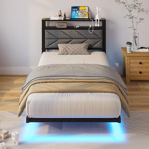 VERFARM Single Floating Upholstered Bed Frame with Storage Headboard, Black | Metal Bed Frame with LED Lights and Charging Station, Heavy Duty Metal Slat Support, Noise Free, No Box Spring Needed