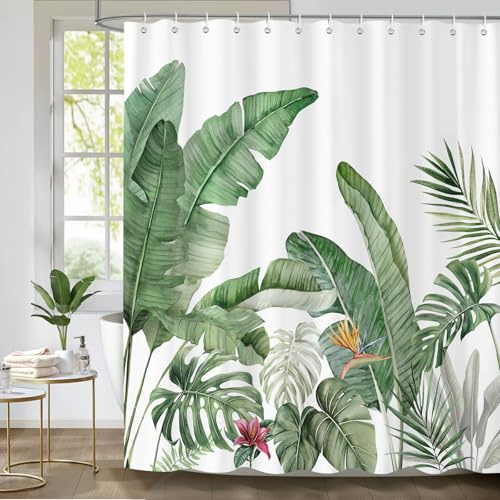 Dazzlewall Tropenblätter Monstera Grün Duschvorhang Bad Anti-Schimmel | Dschungel Pflanzenoptik, wasserabweisend, schnelltrocknend, waschbar, inkl. 12 Haken, für Dusche, Wanne & Gäste-WC