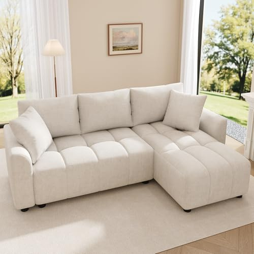 Merax Sofa 3-Sitzer Ecksofa mit Chaiselongue und 2 Zierkissen, wandelbares Eckcouch in L-Form, Couch aus Chenillestoff, für Wohnzimmer/Schlafzimmer/Wohnung, Beige