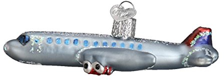 Old World Christmas 46065, Züge, Hubschrauber, Boote und Lastwagen, Glasgeblasene Ornamente für Weihnachtsbaum, Passagierflugzeug, Glitzer-Grau