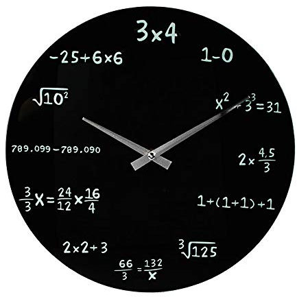 Monsterzeug Mathe Uhr, Uhrzeit in Formeln Kreide-Optik, Uhr für Mathematiker, Zifferblatt mit Formeln, Wanduhr mit Rechen Motiv, 35 cm, Schwarz