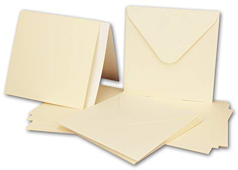 50x Quadratisches Karten-Set mit Briefumschlägen & Einleger - 13,5 x 13,5 cm - Creme/Elfenbein - quadratische blanko Einladungen für Hochzeit und Feste