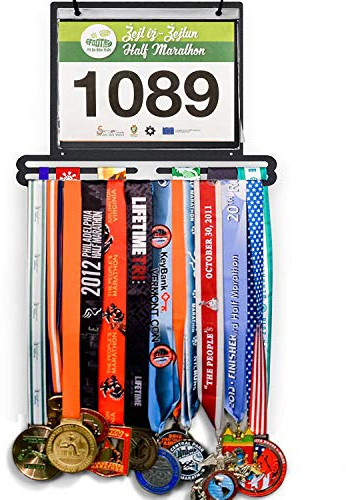 Jolitac Sportmedaillen-Auszeichnungsständer, Wandmontage, Marathon-Medaillen-Aufhänger, Halter für 60+ Medaillen, 100 Läufer, Rennlätzchen, 20 Lätzchen, Flip Vinylhüllen