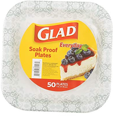 Glad Lot de 50 assiettes carrées jetables en carton à motif victorien gris – Solides, robustes, résistantes à la trempage et passent au micro-ondes pour le dîner et un usage quotidien, 17,8 cm