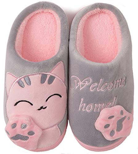 ChayChax Carino Cartone Animato Pantofole da Casa Bambini Uomo Donna Inverno Peluche Ciabatte Interne Comode Caldo Scarpe di Cotone Invernale, Grigio Rosa, 39/40 EU=Produttore 40/41