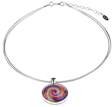 Adi Modeschmuck Halsreif 'Smilla', farbiges Motiv unter einem Glas Cabochon in einem 25mm großen Anhänger, handgefertigt in Berlin (Bunte Herbstfarben)