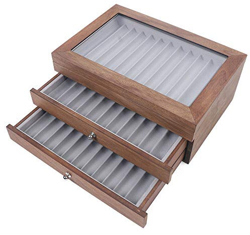 HaroldDol 3 Schichten Stifte Sammelbox mit Anzeigefenster, Nussbaum Stifthalterbox Füllfederhalter Organizer Box für 34 Füller Stifte Kugelschreiber, Federhalter Display Box mit Schubladen