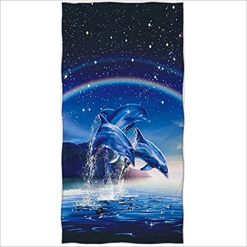 Zomer Strandtuch 70x140cm,Bedrucktes Mikrofaser Badetuch-Blau Delfin Rainbow & Stern