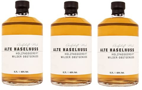 Grafschaft Mark Alte Haselnuss Schnaps 3 x 0,7 L | 40% vol. Alkohol | milder Obstbrand holzfassgelagert | Spezialitäten aus unserer Brennerei | edle Aromen von Nuss als Obstler | ideal als Geschenk