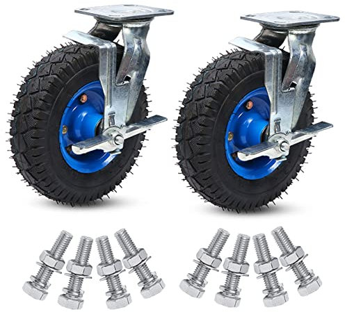 LIGUOYI Lenkrolle Luftrad 2 Stück Strapazierfähige Lenkrollen Mit Bremse, 300Kg Gesamtkapazität, Strapazierfähige Gummi Transportrollen Mit Rillenkugellager Für Industrie Plattformwagen