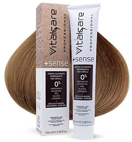 Vitalcare | +Sense - Coloración permanente profesional, crema colorante capilar, sin amoniaco, resorcina, PPD, silicona - con aceite de argán, macadamia y aguacate, 8/00 rubio claro, 100 ml