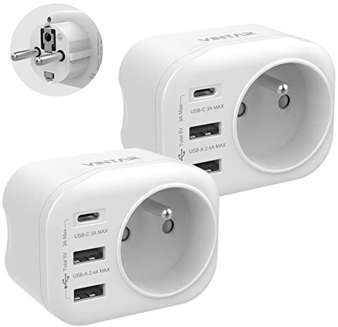 2PC Prise USB Multiple, VINTAR 4 en 1 Multiprise Murale avec 2 USB-A et 1 C 3A, Prise Secteur Murale Electrique Chargeur Compatible avec Phone, Portable, Idéal pour Domicile, Bureau, Cuisine