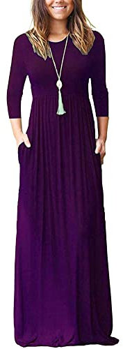 WNEEDU Vestito Lungo Donna Elegante Autunno Maniche Lunghe 3/4 Maxi Abito Scollo Rotondo Vestiti Invernale Primavera Casual con Tasche Viola 2XL