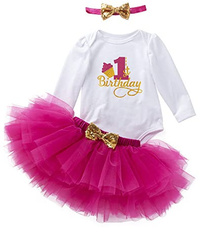 UUAISSO Neonata My 1st Birthday Vestiti Tutù a Maniche Lunghe Con Pagliaccetto Con Fascia Per Neonato Abiti Manica lunga Rosa rossa1 12 mesi