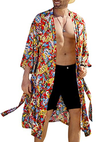 COOFANDY Leichter Herren-Kimono-Bademantel, japanische Bademäntel, vorne offen, lange Strickjacke, Umhang mit Gürtel, Rot/Ausflug, einfarbig (Getaway Solids), Small