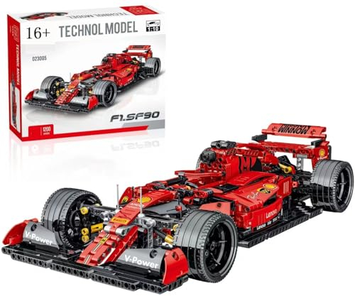 Technik F1 Auto für Farrari SF90, 1:10 Groß Formel 1 Modellauto Bausatz, 1200 Teile Klemmbausteine F1 Auto MOC Set, Kompatibel mit Ferrari Technik