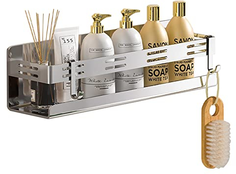 Celbon Étagère de douche chromée sans perçage en acier inoxydable avec 2 crochets pour suspendre rasoir et serviettes, accessoires de douche, étagère de salle de bain, cuisine