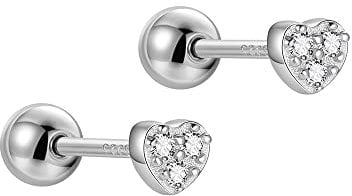 CZ Heart Mini Cartilage Stud Earrings 925 Sterling Silver Crystal Small Bead Ball Screw Back Hypoallergenic Tragus Studs Earring for Women Teen Girls Daughter Cute Jewelry Gifts 20G (Silvery)