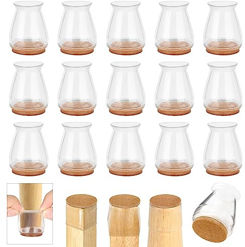 AUAUY 16 Stück Schutzkappen für Stuhlbeine mit Filz, Transparent Silikon Stuhlbeinkappen, Filzgleiter für Stühle, Stuhlkappen Rund für Hartholzböden, Verschleißfeste Stuhlbeinschoner (#2-XS/15-21mm)