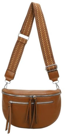 ITALYSHOP24 Damen Tasche Umhängetasche Brusttasche Muster Gürtel Bauchtasche Crossbody Gürteltasche Hüfttasche Crossover Bodybag Schultertasche Handytasche Leder Optik Cognac