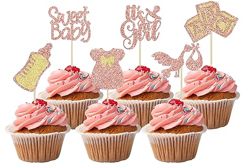 Gyufise 24Pcs Baby Shower Cupcake Toppers Glitter Bow Dress Baby Bottle Sweet Baby Cupcake Picks It's a Girl Cake Decorations for Gender Reveal Baby Shower Kids Girls Birthday Party Supplies Rose Gold