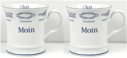 Generisch 2er Set Porzellan Becher Knoten MOIN Ebbe Flut 350ml Kapitänsbecher maritimer Kaffeebecher