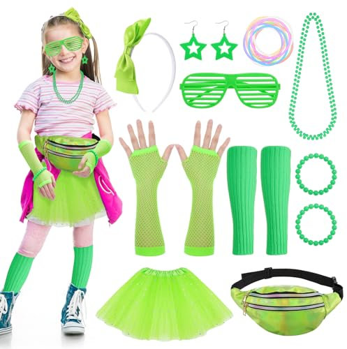 Partideal 80s Fancy Dress Costume for Girls, 23Pcs 1980s Outfit Accessories Set Tutu Skirt Leg Warmers Fishnet Gloves Necklace Bracelets Bow Headband Star Earrings Glasses Bumbag (Green)