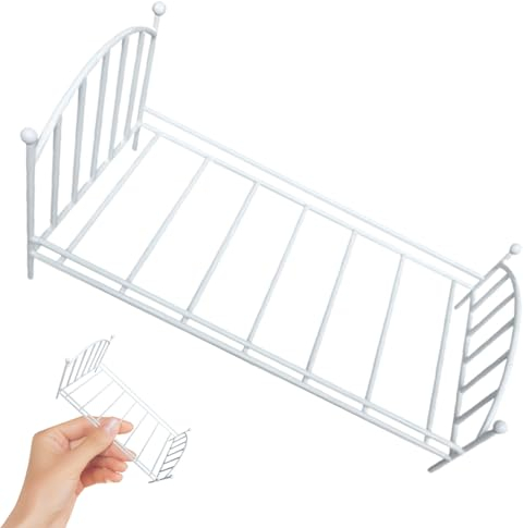 Wedhapy Puppenhaus Bett Puppenbett Miniaturbett Metall Einbett Miniatur Vintage Bett realistisches Puppenbett 6,3 x 4,3 x 3,9 Zoll 1 12 Skala Dollhouse Möbel für Foto-Requisiten Weiß