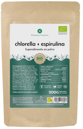 PLANETA HUERTO | Chlorella + Spirulina en polvo 200 g Rico en Vitaminas, Minerales y Clorofila