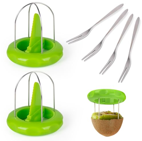 Tycoonest Kiwi Cutter Set, 2-in-1 Fruit Peeler, Kiwi Divider with 4 Small Stainless Steel Fruit Forks, Slicer Kitchen Gadgets Tools for Pitaya, Mango, Vegetable