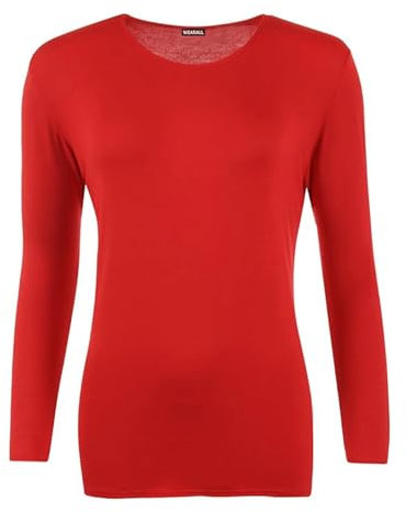 Purple Hanger New Ladies Plain Stretch Fit Long Sleeve Womens T-Shirt Round Neck Basic Top (Red Size 8-10)