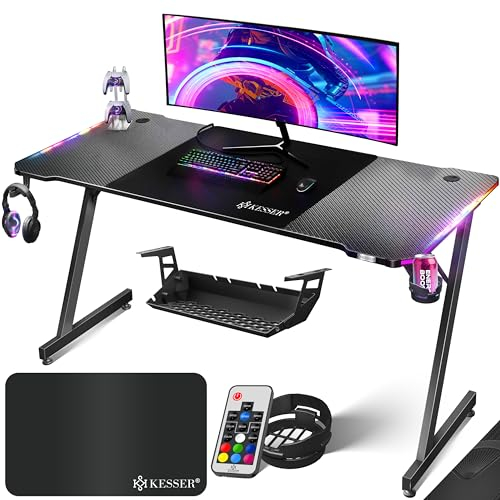 KESSER® Gaming Tisch LED 160cm x 60cm | Z-Form Gamer Schreibtisch | Kopfhörerhaken & Kohlebeschichtung | Ergonomischer PC Computertisch | Stabiler Tisch mit Getränkehalter Schwarz