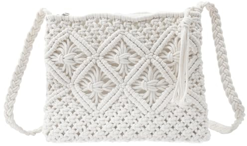 DAWRIS White Handmade Crochet Handbags, Small Handbags Women Straw Clutch Bag Beach Shoulder Bag, Holiday Messenger Bag Handbags for Women, White Cross Body Bags Mobile Phone Bag Wallet Zipper Handbag