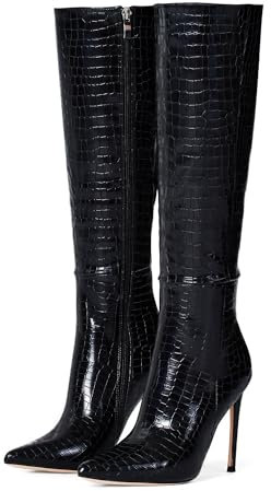 Elisabet Tang 4 inch Women's Knee High Long Boots, Stiletto Tall Pointed Toe Heeled Boot Leather Suede Comfortable Sexy Black Grain Size 7