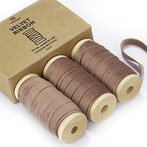 Vitalizart Samtband Set Pfirsich Koralle 0,95 cm x 13,7 m mit Hölzernen Spule, Stoffband 3 Rollen*4,57 m für Weihnachten Kranz Dekoration Handgemachte Handwerk Ornamente & Geschenkverpackungen