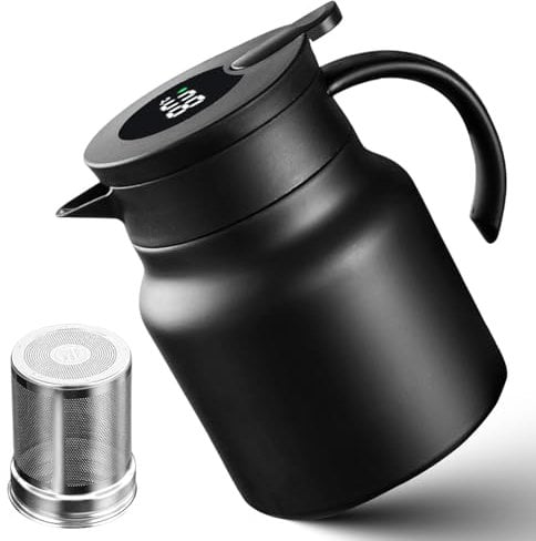 Thermos Flask 1 Litre Thermos Flask with Temperature Display, Black Teapot with Strainer Insert, Stainless Steel Teapot, with Scalding Protection, 12 Hours Heat, Insulated Jug Coffee Pot for Coffee,
