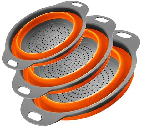 Surwin Escurridor Plegable, 3 Piezas Colador Plegable Escurridor Verduras Escurridor Plegable Silicona Colador Pasta Colador De Cocina para Frutas,Verduras (Naranja)