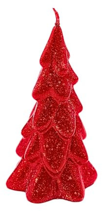 Dekohelden24 Hochwertige Kerze als Tannenbaum, Weihnachtskerze, Figurenkerze als Christbaum,Tannenbaumkerze in rot mit Glitter, handgemacht, Größe: H/Ø ca. 15 x 8 cm.