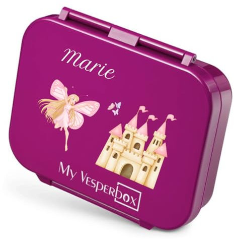 Anton & Sophie My Vesperbox Bia - 100% auslaufsicher - PERSONALISIERBAR - 4 feste Fächer - klimaneutral (lila mit Fee (mit Namen))