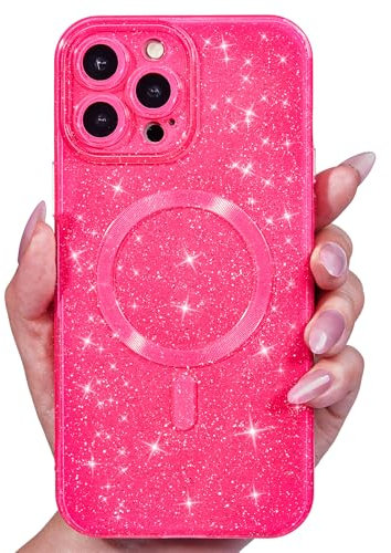 Svanove Glitter Case for iPhone 16 Pro Phone Case Magnetic Compatible with Magsafe, Sparkle Bling Shiny Cute Girly Design, Aesthetic Slim Soft TPU Mag Cover for Women Girl, Neon Hot Pink