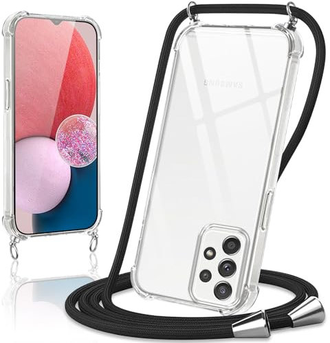 Coiwxmoi Coque avec Cordon pour Samsung Galaxy A13 4G 6.6, Collier Réglable Téléphone Étui Portable Lanyard Case Transparent Ultra Souple Silicone TPU Housse Antichoc Protection Cover, Noir