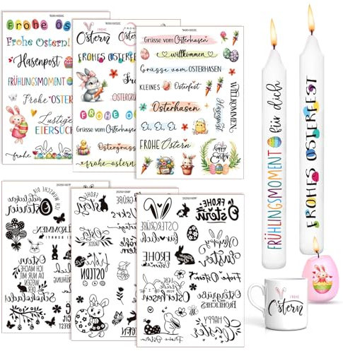 6 Stück Kerzentattoo Ostern (120+ Muster), Osterhase Kerzensticker, Ostern Kerzen Tattoofolie, Lustige Osterhasen Hase, Ostereier, Kerzentattoos Ostern Deko, für Kerzen und Keramik