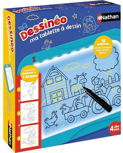 Nathan - Dessinéo Ma tablette à dessin , Tablette lumineuse à Dessin Enfant dès 4 ans , A Emporter , Loisir Créatif Enfant , Apprendre à Dessiner , Méthode Progressive Pas à Pas , 15 planches