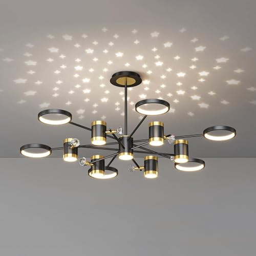 YFMYY Moderne LED-Deckenleuchte, schwarz-goldene Sputnik-Kronleuchter, 3000 K–6000 K dimmbar mit Sternenhimmel-Projektion, 13 Lichter, halbbündige Deckenleuchte für Wohnzimmer und Esszimmer