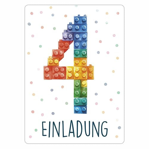 CALLUNA® Baustein Einladungen Kindergeburtstag Mädchen & Jungen – 12 Stück – Witzige Baustein Geburtstag Einladungen für die Geburtstagsfeier – Einladungskarten Kids Bauklötze (o. VH) (4 Jahre)