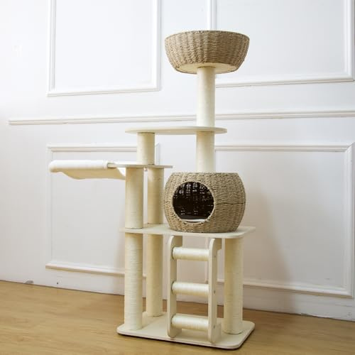 Pawlabay Holz-Katzenbaum für Indoor-Katzen, 137,2 cm hoch, Rattan-Katzenbaum mit Kratzbaum und Rattannest, MK240059