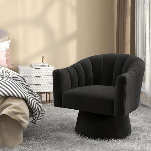 VANTEN Drehsessel Wohnzimmer mit Samt – 360° Drehbarer Sessel mit weicher Polsterung, Runder Armlehnstuhl für Schlafzimmer & Büro | Lesesessel mit Armlehnen(Schwarz)